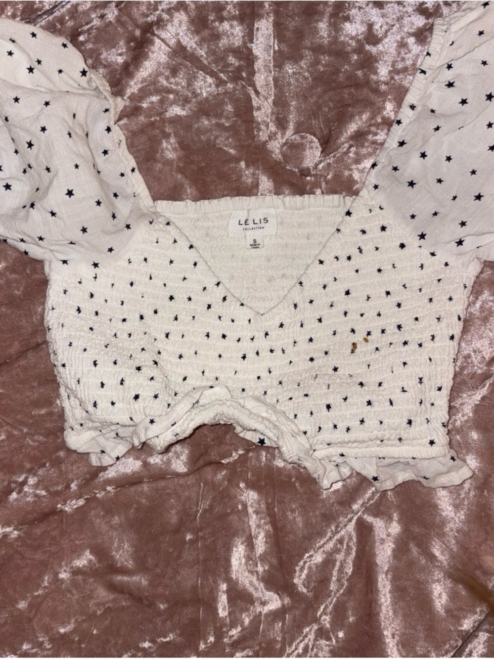 Le Lis White Star-Print Smocked V-Neck Top